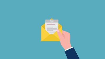 Animated scene of businessman holding envelope with tax document, representing income tax payment, business, finance, and investment video