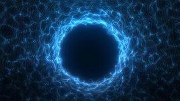 Dark blue glowing energy ring formed by swarming particles, creating a digital portal effect in a deep space environment video