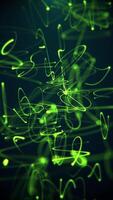 Dynamic abstract background with flowing green neon line particle squiggles on black. Chaotic movement and energy. Full HD looping vertical animation. video