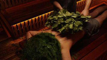 Relaxation And Steaming In Bathhouse Or Finnish Sauna, Bath Attendant Steaming Male Body video