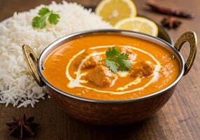 A bowl of curry with rice and lemon slices photo