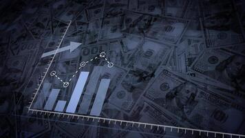 Animation of an ascending blue histogram following an arrow against a background of dollar bills. 3D rendering. video