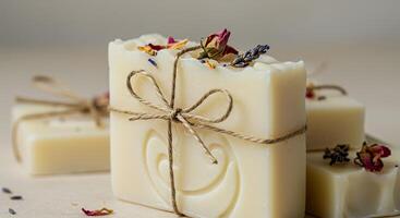 Three soap bars wrapped in twine with dried flowers photo