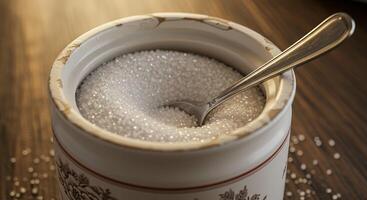 A spoon is in a jar of sugar photo