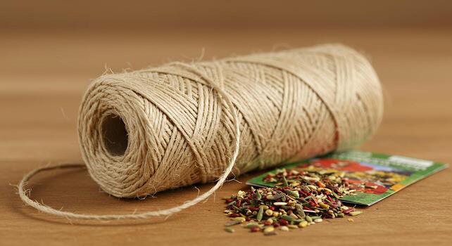 A spool of twine and a packet of seeds photo