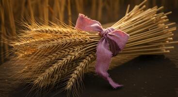 A bunch of wheat is tied with a pink ribbon photo