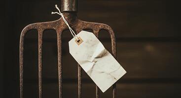 A rusty fork with a tag hanging from it photo