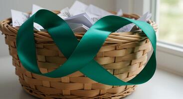 A basket with a green ribbon tied around it photo