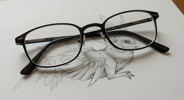 A drawing of a bird with glasses on top of a paper photo