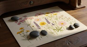 A table with a bunch of rocks and a bunch of flowers photo