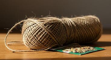 A spool of yarn and a packet of tea photo