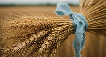 A bunch of wheat is tied to a blue ribbon photo