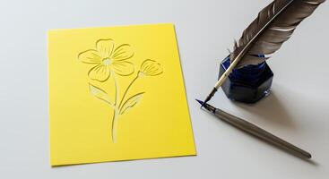 A yellow card with a flower on it next to a fountain pen photo