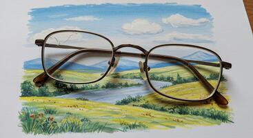 A pair of glasses on a table with a landscape photo