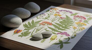 A table with a picture of flowers and rocks photo