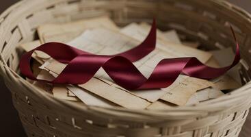 A basket with a red ribbon and some old papers photo
