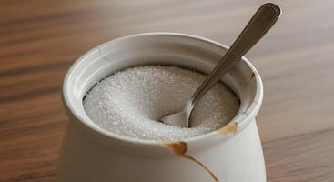 A spoon in a white container of sugar photo