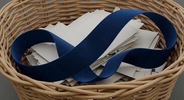 A basket with a blue ribbon inside photo