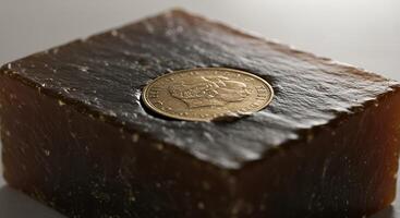 A small coin sitting on top of a block of chocolate photo
