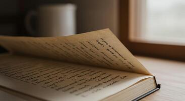 An open book on a table with a cup of coffee photo