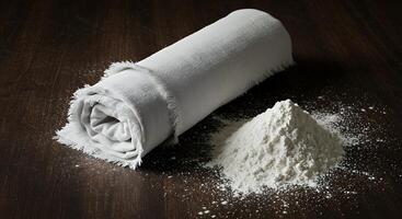 A white cloth and a white powder on a table photo