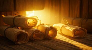 Rolls of paper on a wooden table with sunlight photo