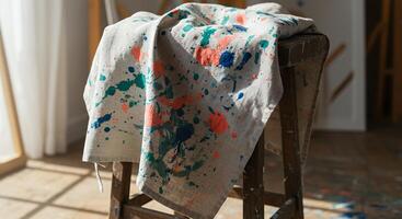 A towel on a chair with paint splatters photo