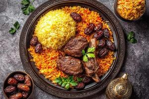 Aromatic rice dish with meat and dates photo
