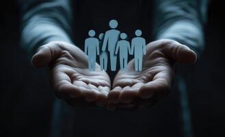 Hands holding a group of people in the shape of a family photo