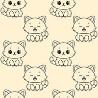 A repeating pattern of cute cartoon cats with round faces and large eyes. The cats have fluffy fur and are depicted in a playful manner against a light beige background. vector