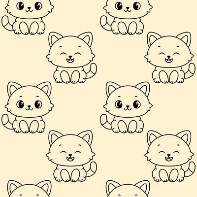 A repeating pattern of cute cartoon cats with round faces and large eyes. The cats have fluffy fur and are depicted in a playful manner against a light beige background.