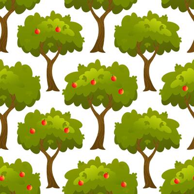 Seamless pattern with cartoon apple tree on white background. Cute seasonal design for kids, fabric, packaging, autumn themes and eco-friendly product decoration.