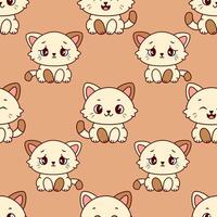 A cute pattern of cartoon kittens with light fur and brown accents. The kittens have various expressions and are set against a warm, peach background. vector