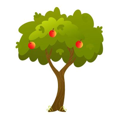 Cartoon apple tree with red fruits. Farm-themed tree illustration for childrens books, games, seasonal harvest scenes and educational materials.