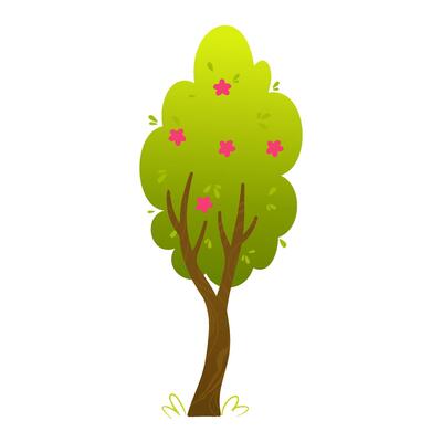 Cartoon flowering tree with pink blossoms. Cute spring tree for childrens books, games, educational materials and nature illustrations in bright style.
