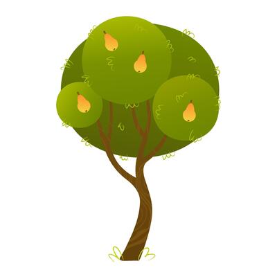 Cartoon pear tree with green foliage and ripe fruits. Summer orchard tree for childrens books, games, nature education and farm illustrations.