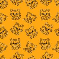 A repeating pattern of cute cartoon cats on an orange background. The cats have large eyes, whiskers, and playful expressions, creating a cheerful design. vector