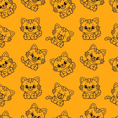 A repeating pattern of cute cartoon cats on an orange background. The cats have large eyes, whiskers, and playful expressions, creating a cheerful design.