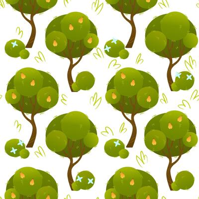 Seamless pattern with pear tree and bushes with blue flowers on white background. Cute fall design for kids, packaging, textile, eco products and seasonal decorations.