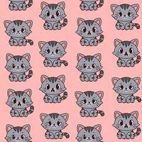 Seamless pattern with cute gray cartoon cats showing different emotions smiling, sad and surprised. Adorable kawaii kittens on pink background for kids textile, wrapping paper, nursery or stationery vector