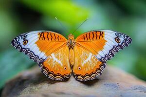 Macro Photography of Vibrant Orange and White Butterfly with Intricate Wings and Blurred Green Background. photo