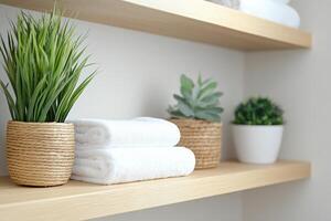 Scandinavian-Inspired Bathroom with Simple Wooden Shelves A minimalist bathroom with light wood shelves, white towels, and a few plants, photo