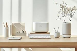 Scandinavian Office with Neutral Desk Accessories and Soft Lighting A Scandinavian-inspired office with a neutral-colored desk, minimalistic accessories, and soft lighting and calm photo