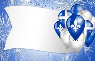 Quebec holiday event celebrating blank design with 3D balloons, fireworks and copy space. Postcard template with empty sheet of paper. Creative concept. Festive background, blue frame. Set of elements vector