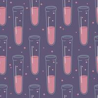 flat seamless pattern with test chemical tube with pink liquid and bubbles. Ideal for educational, scientific, school, or chemistry related designs and experiments visuals. vector