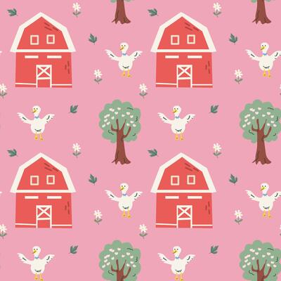 Charming cottage decor pattern with barns, trees, and ducks - perfect for rustic design projects