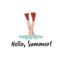Diving flippers overhead in water with hello summer text vector