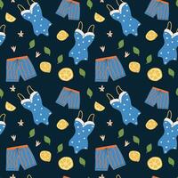 Fun summer vacation pattern with swimsuits, shorts, and citrus elements vector
