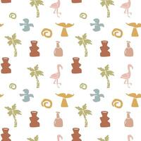 Boho summer elements pattern with flamingos and palm trees for artistic design vector