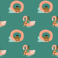 Seamless pattern with diverse children and pool floats on teal background vector